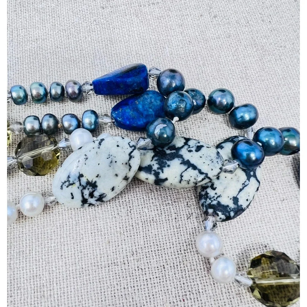 Lapis Lazuli Dalmatian Jasper and Pearl Long Strand Beaded Necklace